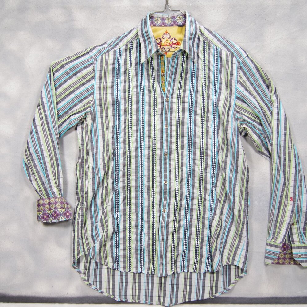 Men's Striped Button Down Shirt Long Sleeve Contrast Flip Cuff Blue Green